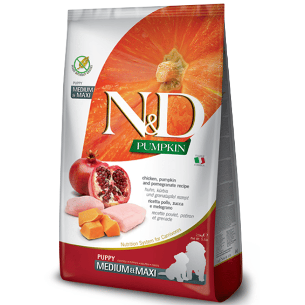 N&D PUMPKIN CHICKEN Puppy Medium _ Maxi Farmina N&D Pumpkin Puppy Medium/Maxi Dog Food | Chicken, Pumpkin & Pomegranate | Rich in Anti-oxidants|Complete Food for Puppies | No Artificial Preservatives - Image 1