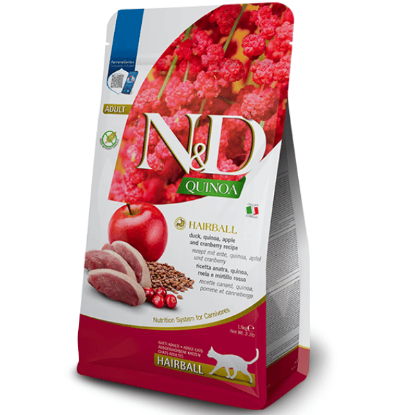 N&D QUINOA HAIRBALL Duck Adult Farmina N&D Quinoa HAIRBALL - Duck Cat Food | Grain-Free | quinoa, apple and cranberry recipe | Complete & Balanced Nutrition |for Adult Cats 1.5 kg - Image 1
